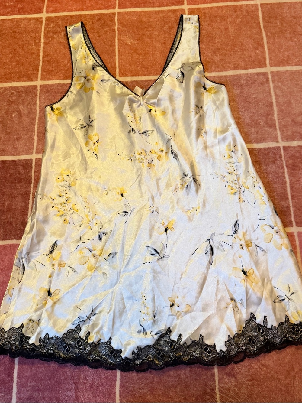 Oscar de la Renta Cream Satin Floral Slip with Yellow Blooms and Black Lace